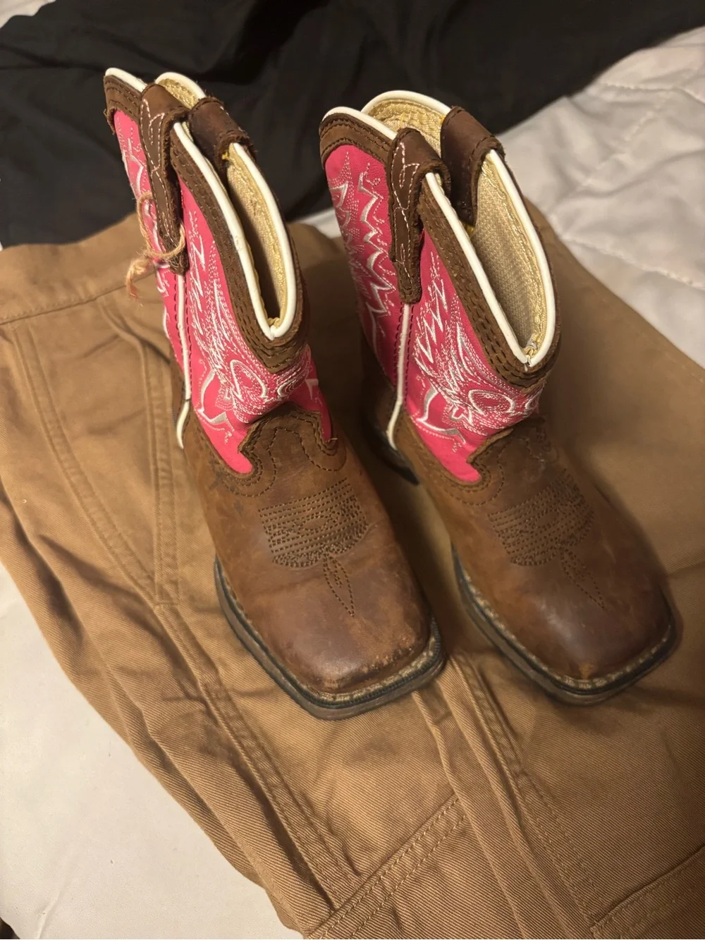 Durango Kids Brown Leather Western Boots with Pink Shaft and White Stitching